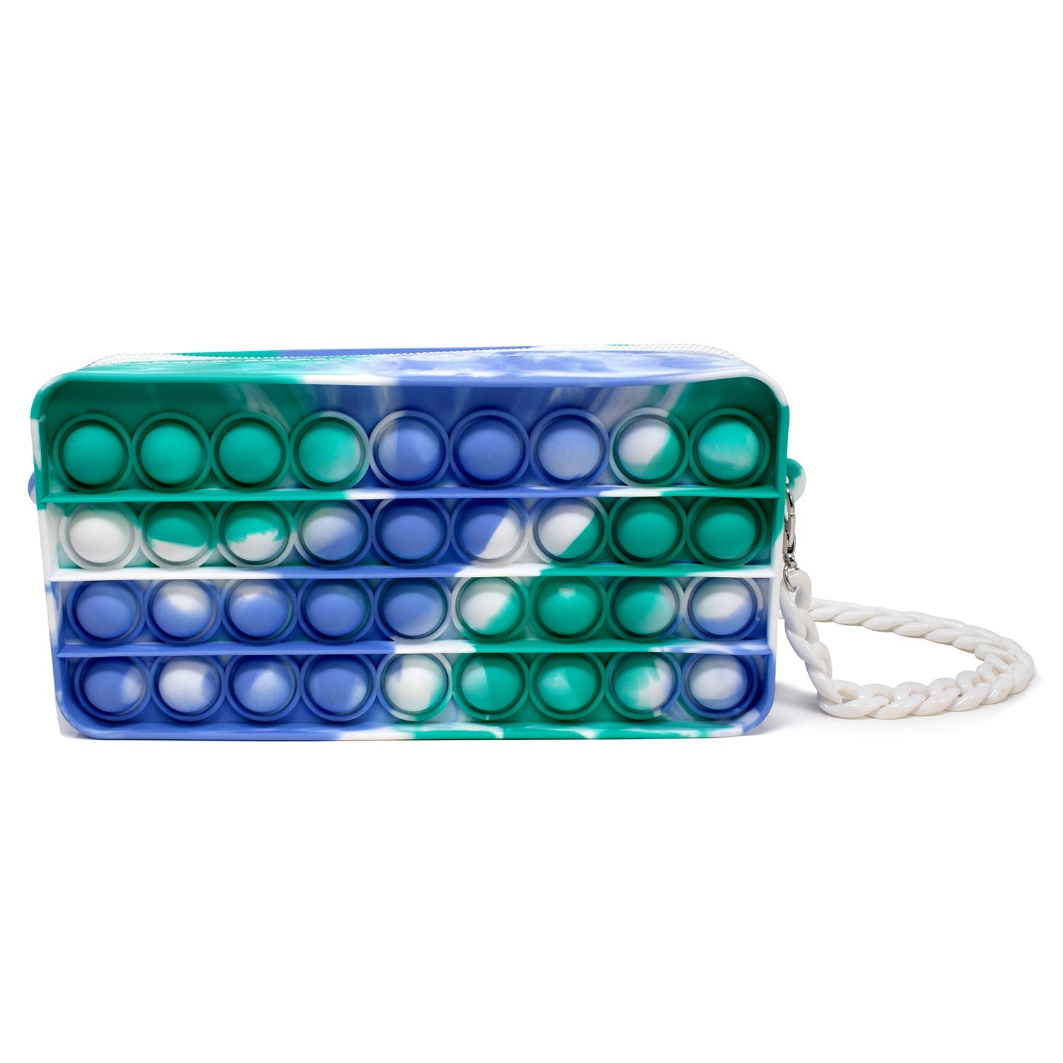 Bubble Pop Rectangular Purses are a great sensory fidget toy as well as a purse you can take anywhere. Easy to carry, fun to pop. Relieve your anxiety by pressing these soft silicone bubbles, over and over if you like. 3 different colorful pattern designs, each with hard plastic chain link strap.  Made of high-quality silicone material, with a Safe Zipper. Suitable for kids and adults, and helpful for those with ADHD, autism or anxiety issues. A great bubble pop mini fidget toy!