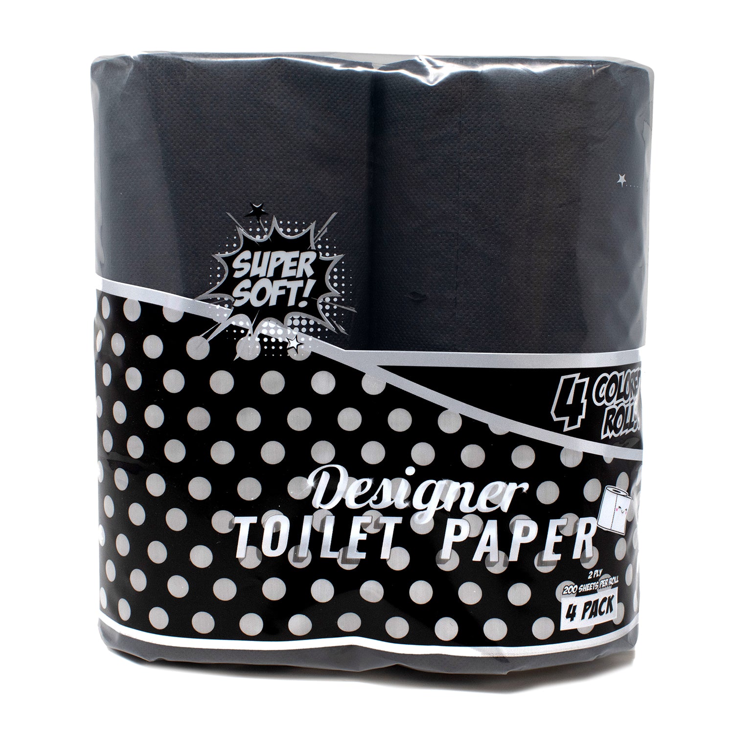 Designer Colored Toilet Paper Black. Brighten up your bathroom in a colorful way and make your bathroom a little more exciting. Does not dye, mark or stain on your skin. This collection is made of a 2 ply sheets, adding a style, strength and softness. Flushable and septic-safe for standard sewer and septic systems. Other colors available. 