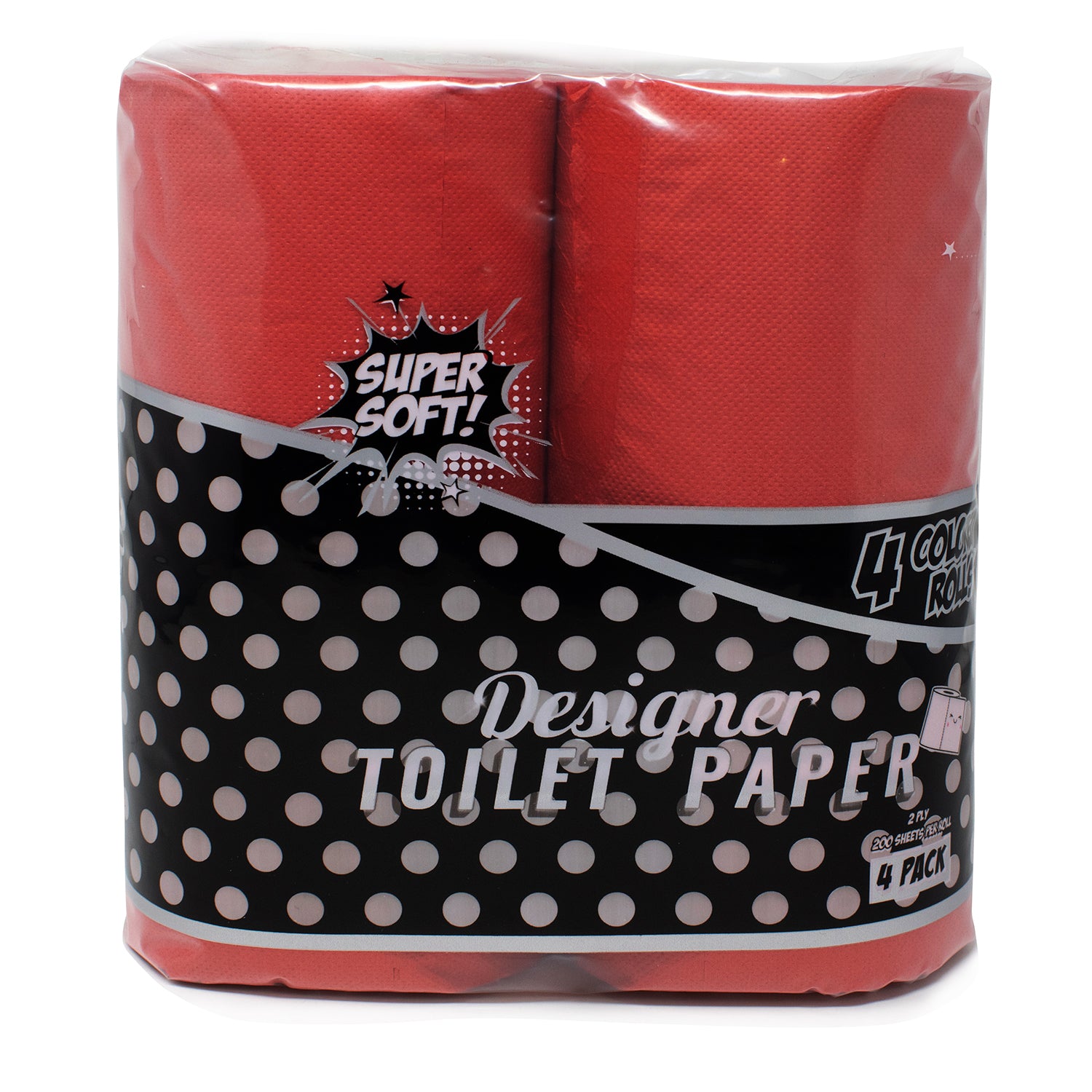 Designer Colored Toilet Paper Red. Brighten up your bathroom in a colorful way and make your bathroom a little more exciting. Does not dye, mark or stain on your skin. This collection is made of a 2 ply sheets, adding a style, strength and softness. Flushable and septic-safe for standard sewer and septic systems. Other colors available.