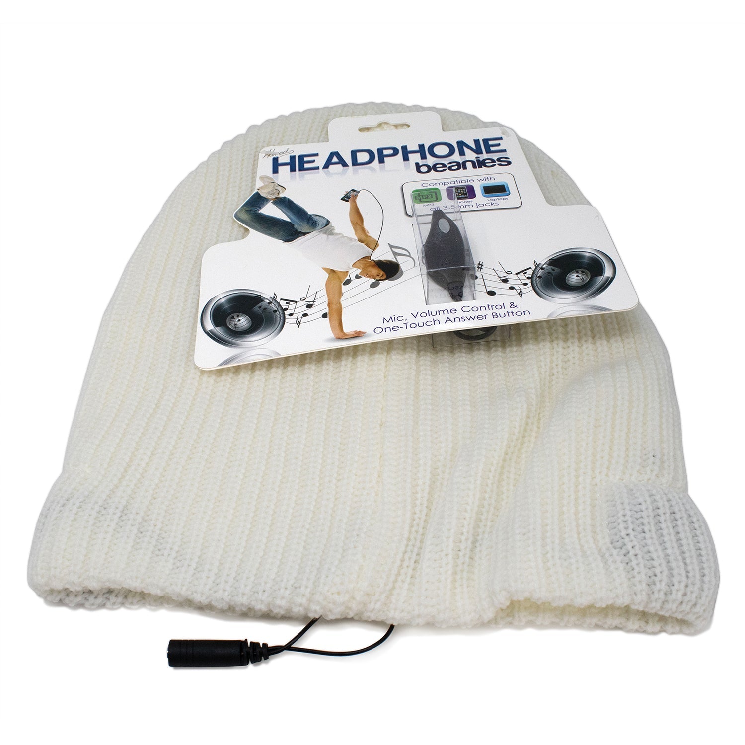 Off white knit Headphone Beanie caps with headphone jack and comfortable, hidden speakers. 