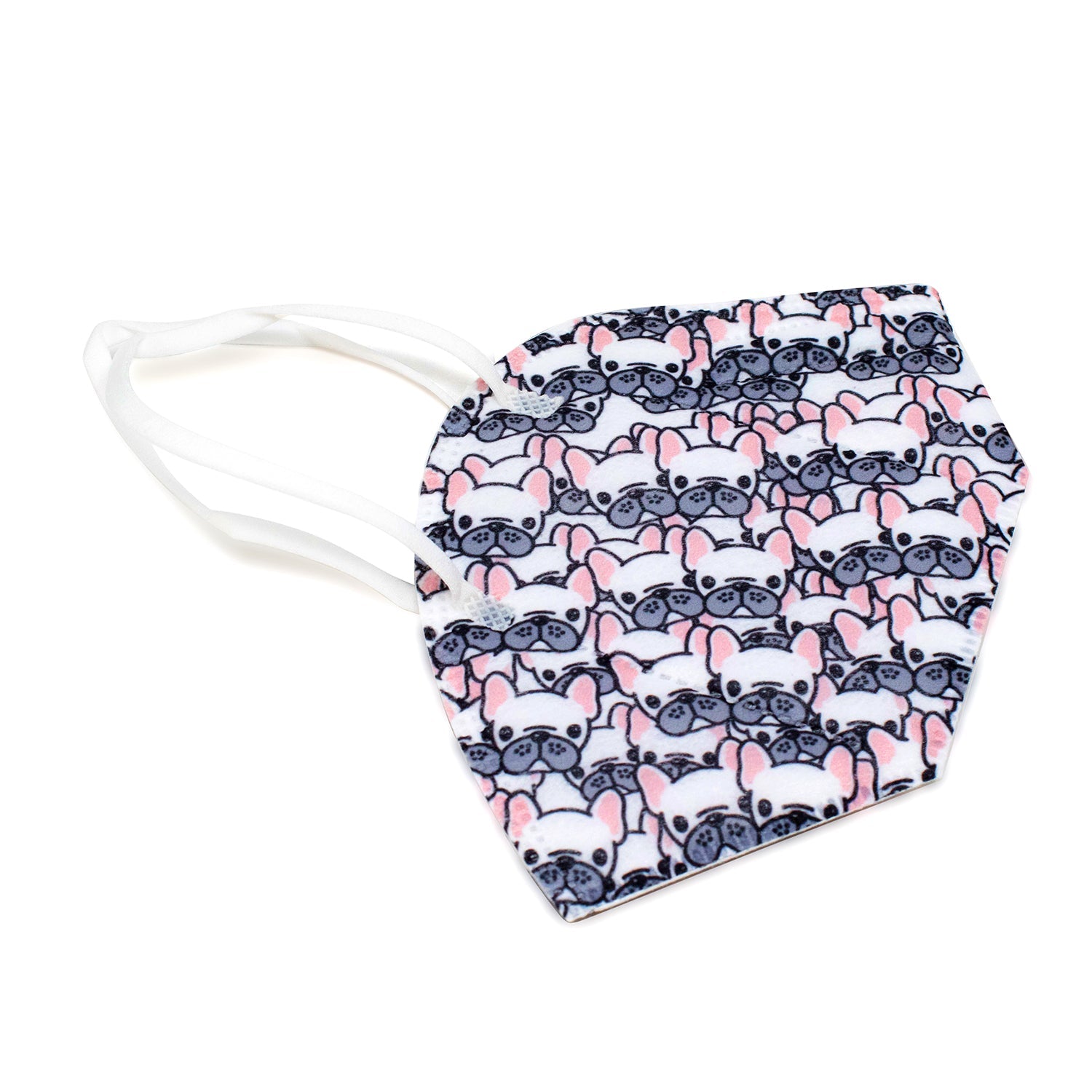 Safe KN95 mask with French Bulldog design with white stripes. Reusable mask, strong elastic straps. 