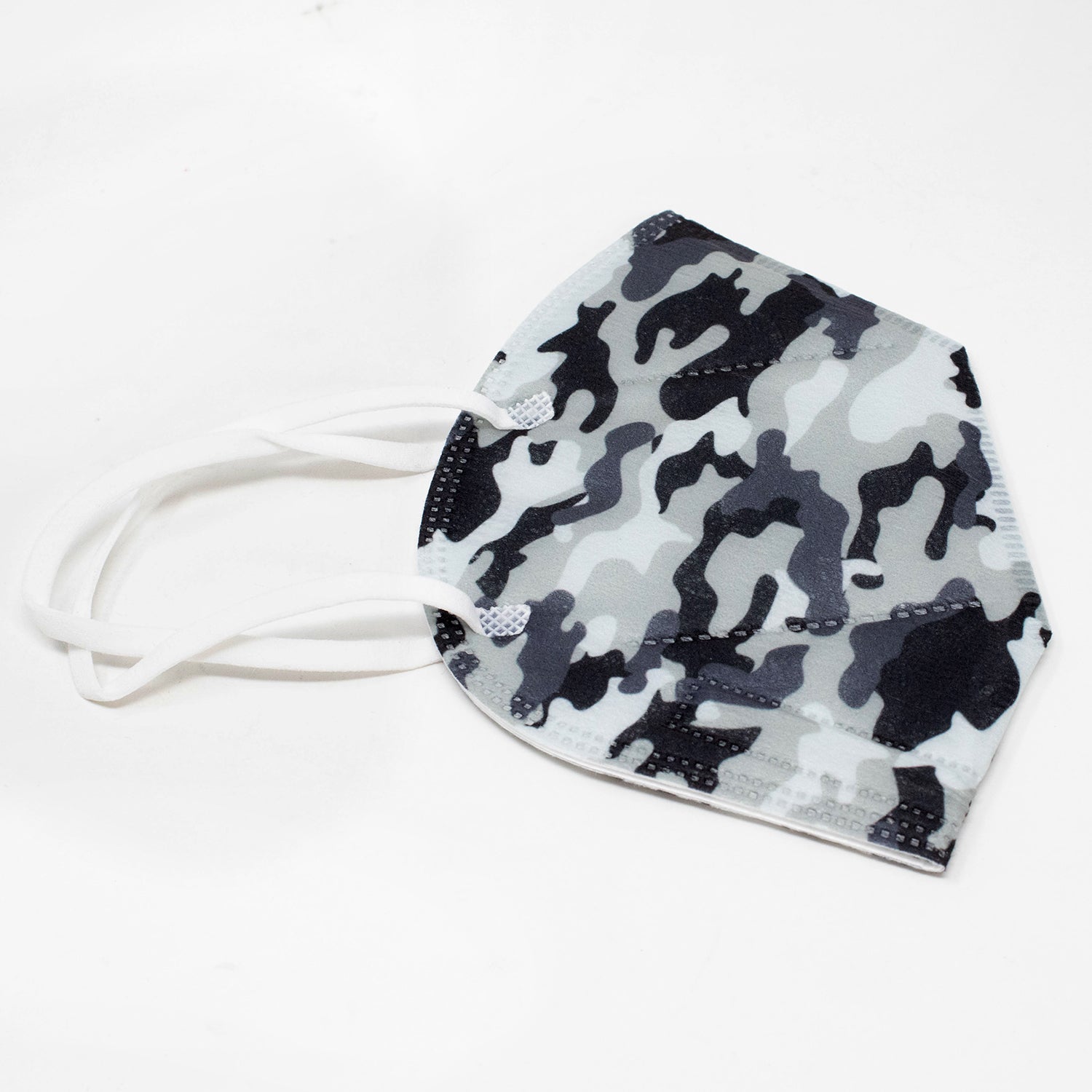 Safe KN95 mask with gray camouflage pattern and white stripes. Reusable mask, strong elastic straps. 