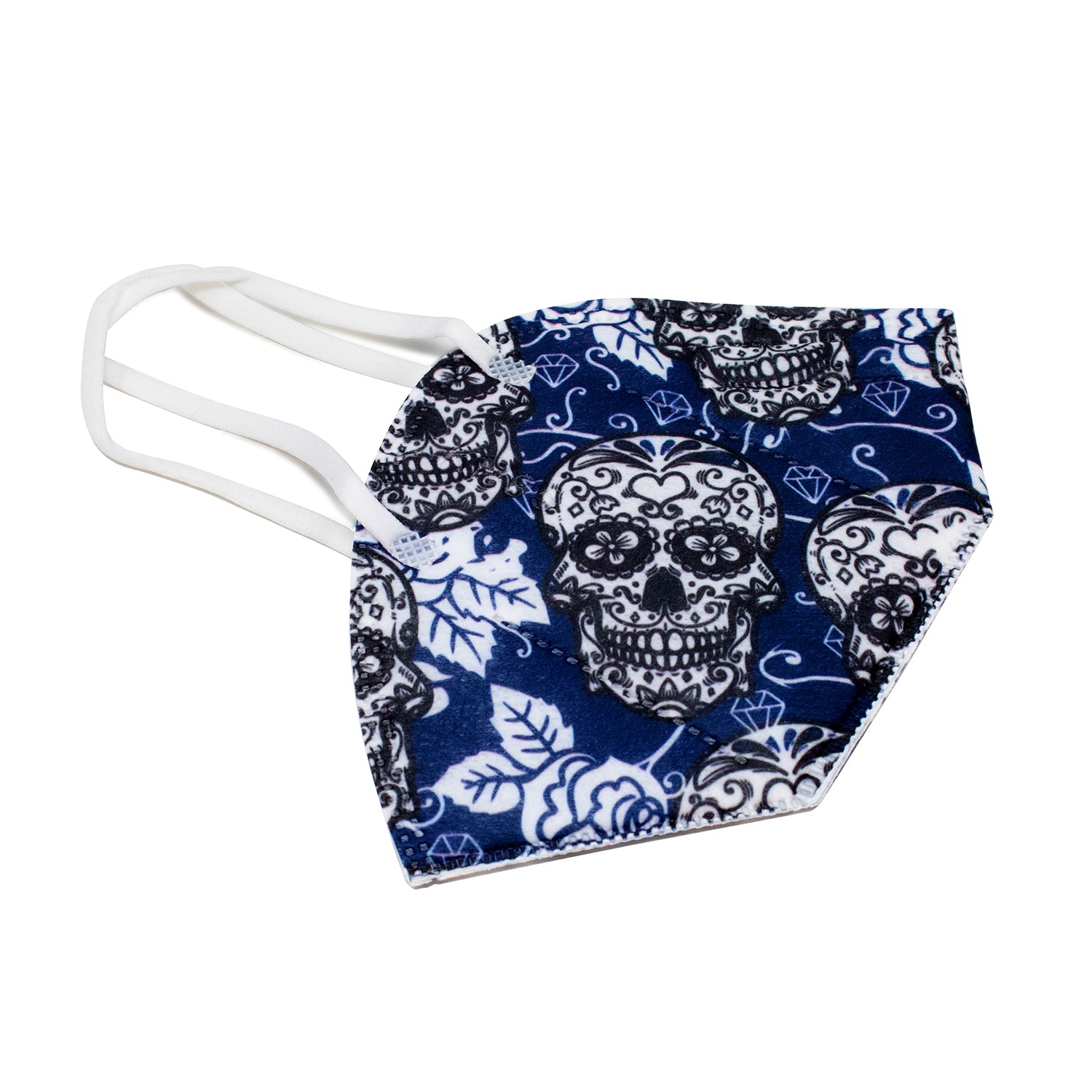Safe KN95 mask with dio de los muertos skull with white stripes. Reusable mask, strong elastic straps.  High quality reusable KN95 masks are the safest masks available. 