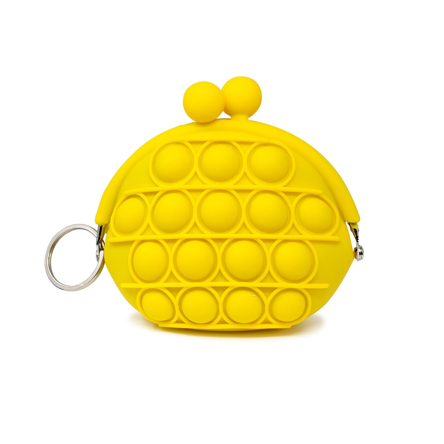Mini Bubble Pop Clasp Purse, yellow. This fidget toy coin purse uses high quality silicone rubber materials. Not just a toy, it is also practical coin purse that not only can store small items, but also a sensory toy. Just pressing the bubble down makes a big, crisp popping sound! Fashionable and super cute design for kids, it can be used as a fashion accessory or coin purse you can store change, tissues, snacks, lipstick, keys and more inside.