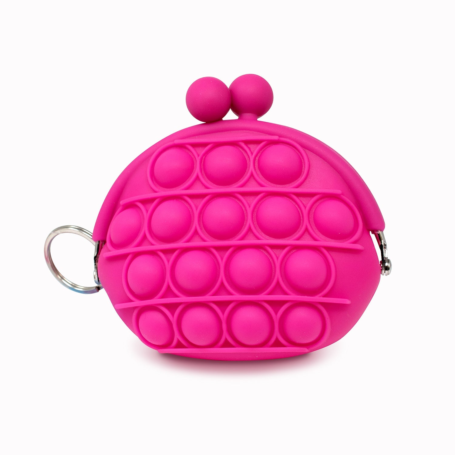 Mini Bubble Pop Clasp Purse, pink. This fidget toy coin purse uses high quality silicone rubber materials. Not just a toy, it is also practical coin purse that not only can store small items, but also a sensory toy. Just pressing the bubble down makes a big, crisp popping sound! Fashionable and super cute design for kids, it can be used as a fashion accessory or coin purse you can store change, tissues, snacks, lipstick, keys and more inside.