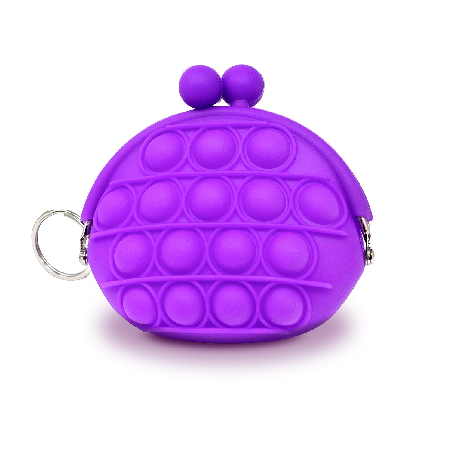 Mini Bubble Pop Clasp Purse, purple. This fidget toy coin purse uses high quality silicone rubber materials. Not just a toy, it is also practical coin purse that not only can store small items, but also a sensory toy. Just pressing the bubble down makes a big, crisp popping sound! Fashionable and super cute design for kids, it can be used as a fashion accessory or coin purse you can store change, tissues, snacks, lipstick, keys and more inside.