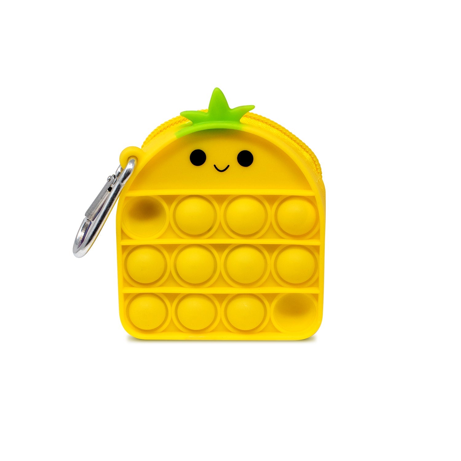 Mini Bubble Pop Zip Coin Purse. This fidget toy coin purse uses high quality silicone rubber materials. Not just a toy, it is also practical coin purse that can store small items. Just pressing the bubble down makes a big, crisp popping sound! Fashionable cute designs come in 4 different colors and styles, including Pineapple. 