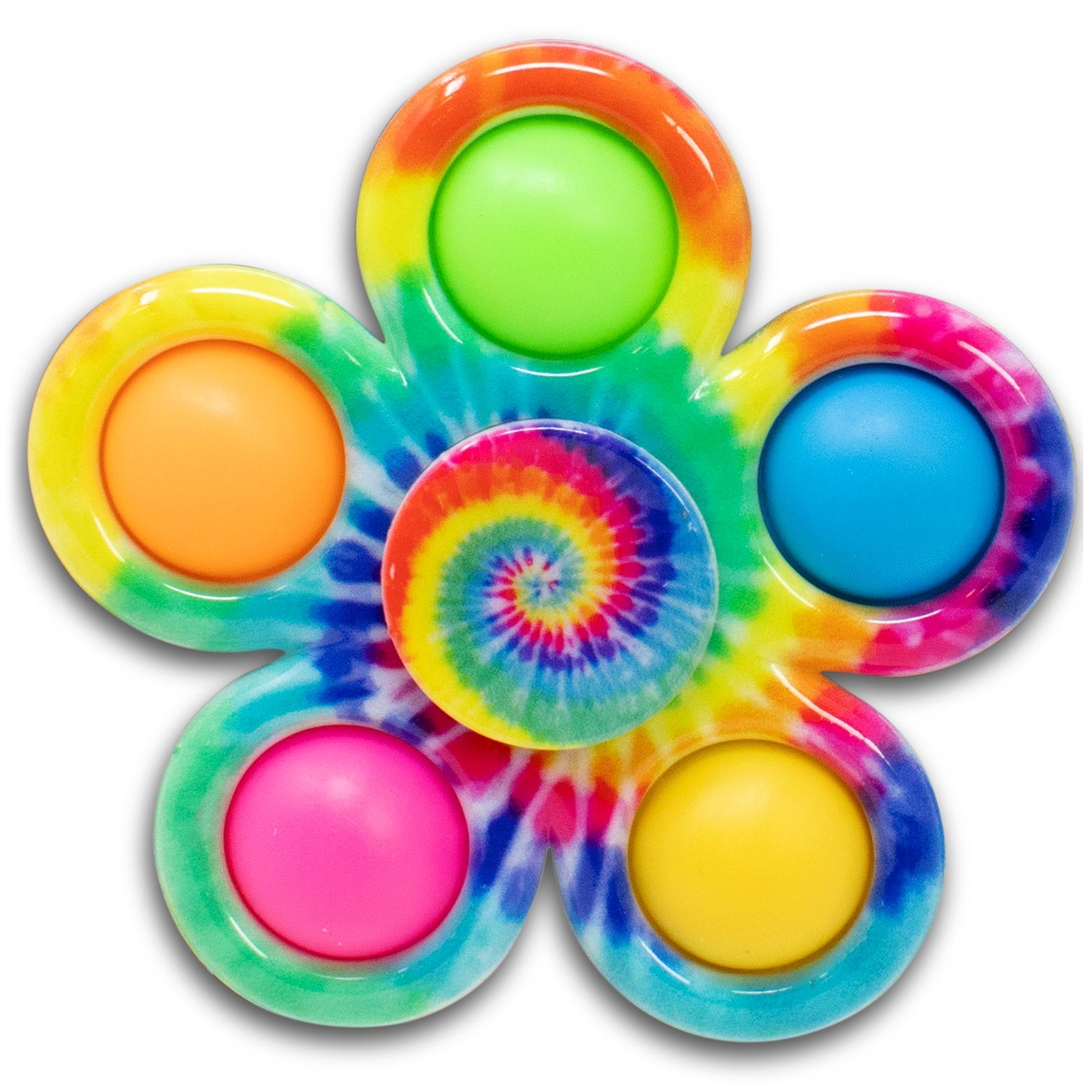 Bubble Pop Stick & Spin, Tie-Dye. Its high quality bearings. Gently flicked, the pop fidget toy spins like crazy!, The rotary bearings spin quietly, while the colorful flipping board and soft colorful buttons satisfy your optical appetites. Choose from 4 dazzling patterns. Press fidget spinner's soft buttons to promote tactile stimulation. It can relieve people's stress, release anxiety, rehabilitate your mood and get rid of boredom during the daily life. Tie-dye.