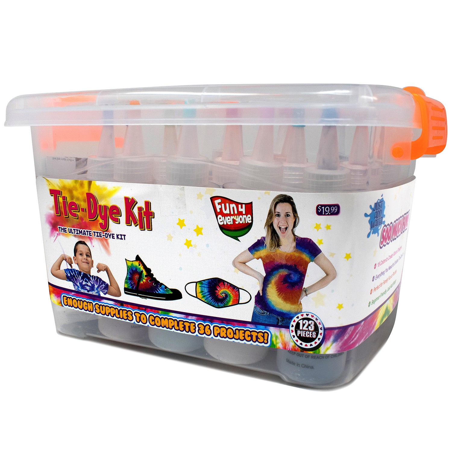 Ultimate Tie Dye Kit. Kids will create wearable art and unique designs. Students in second grade and up can practice their skills as they discover the science behind the art of tie-dying. This DIY kit includes project ideas and tie-dying supplies. 18 squeeze bottles containing dye, 12 protective gloves, 90 rubber bands, 1 carry case, reusable surface cover and instruction guide. 