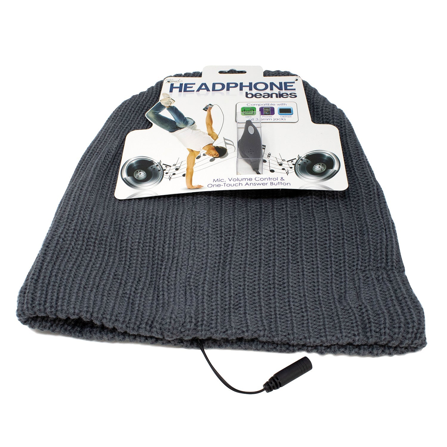 Slate gray knit Headphone Beanie caps with headphone jack and comfortable, hidden speakers. 